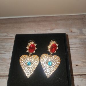 Elegant Gold Heart Earrings with Red and Blue Accents